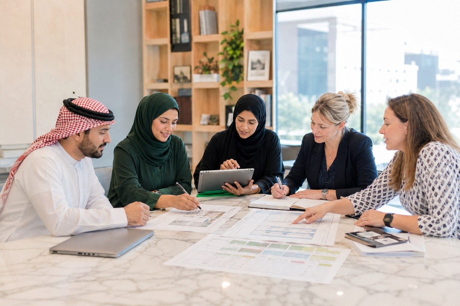 Arab,Businessmen,Wearing,Emirati,And,Saudi,Kandura,Meeting,In,Office